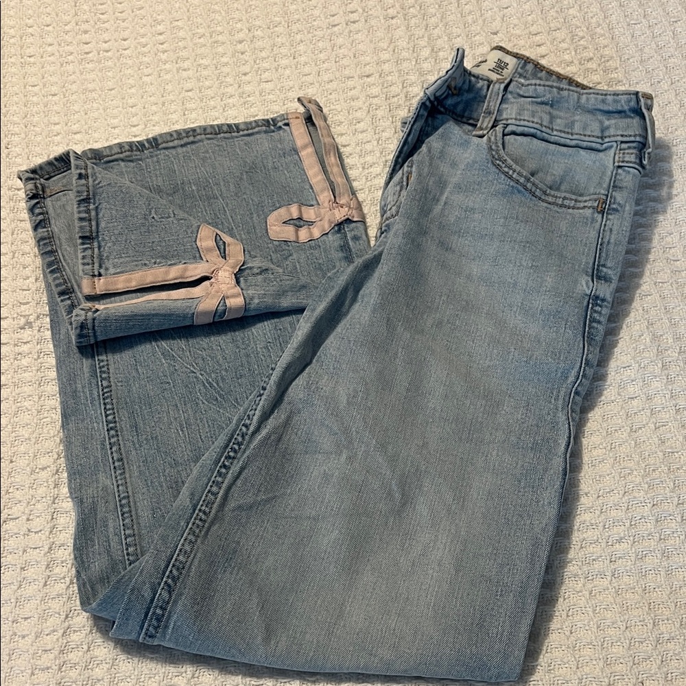 Girls Light Blue Denim Jeans with Pink Ribbon Trim - Kids Bottoms